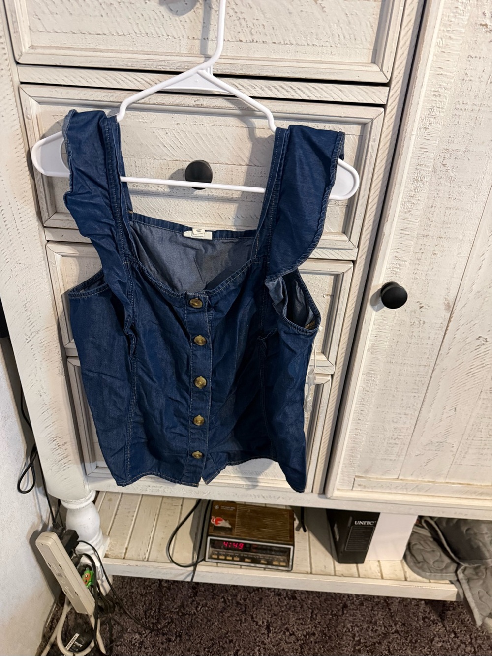 Ruffled Strap Denim Button-Front Tank Top - Navy
